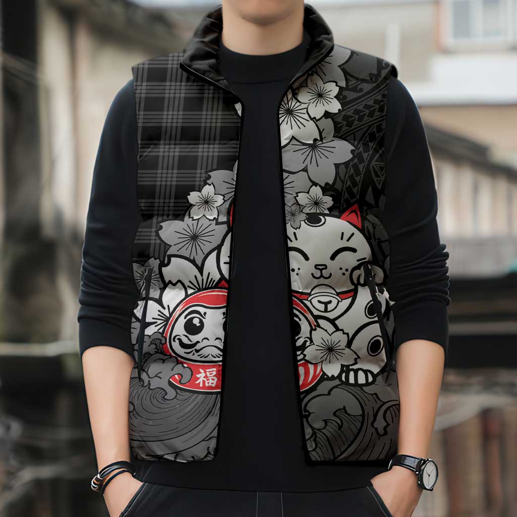 Black Palaka Hawaiian And Japanese Sleeveless Puffer Jacket Maneki Neko And Sakura Bloom