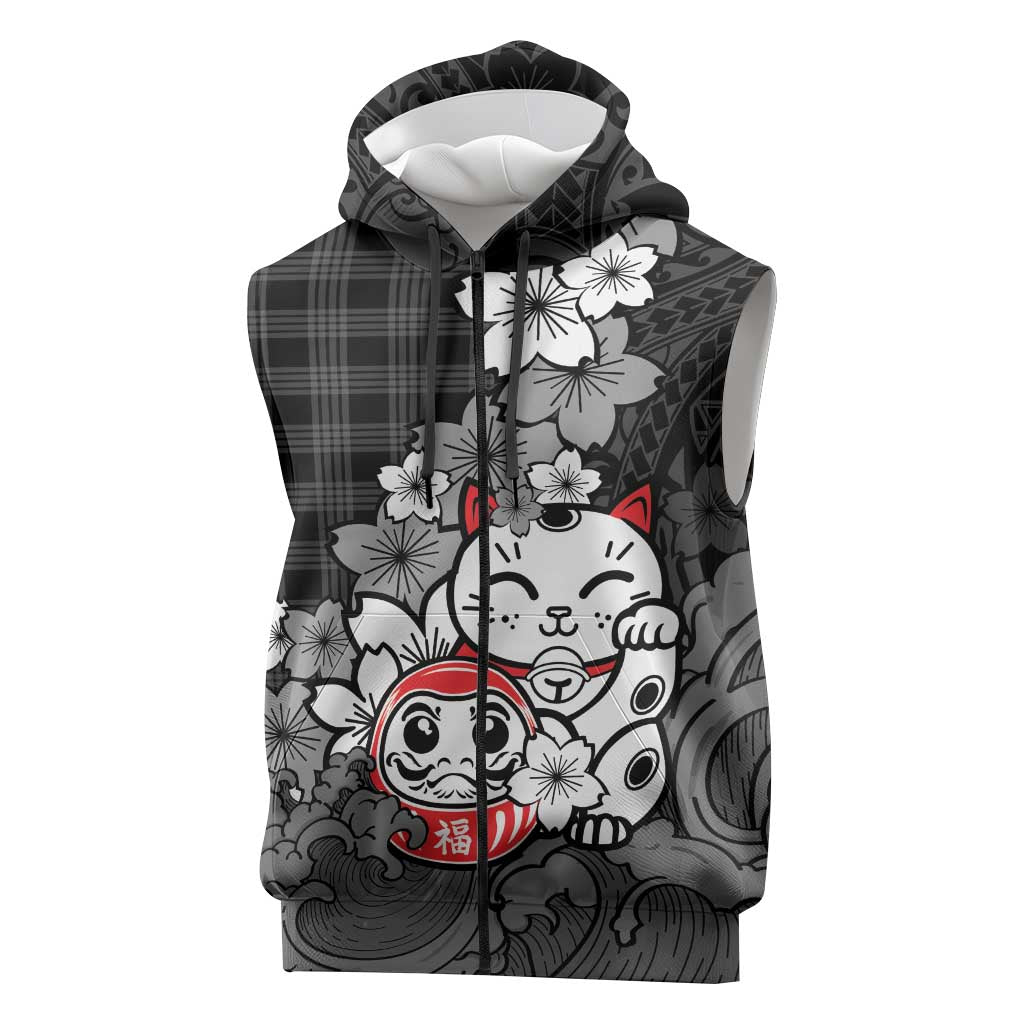 Black Palaka Hawaiian And Japanese Sleeveless Zip Hoodie Maneki Neko And Sakura Bloom DT05 Black - Polynesian Pride