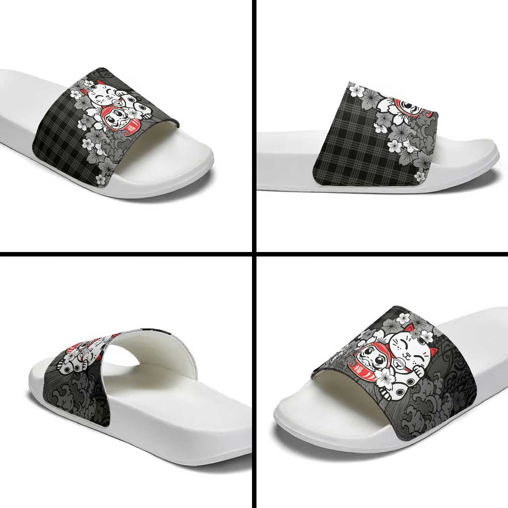 Black Palaka Hawaiian And Japanese Slide Sandals Maneki Neko And Sakura Bloom