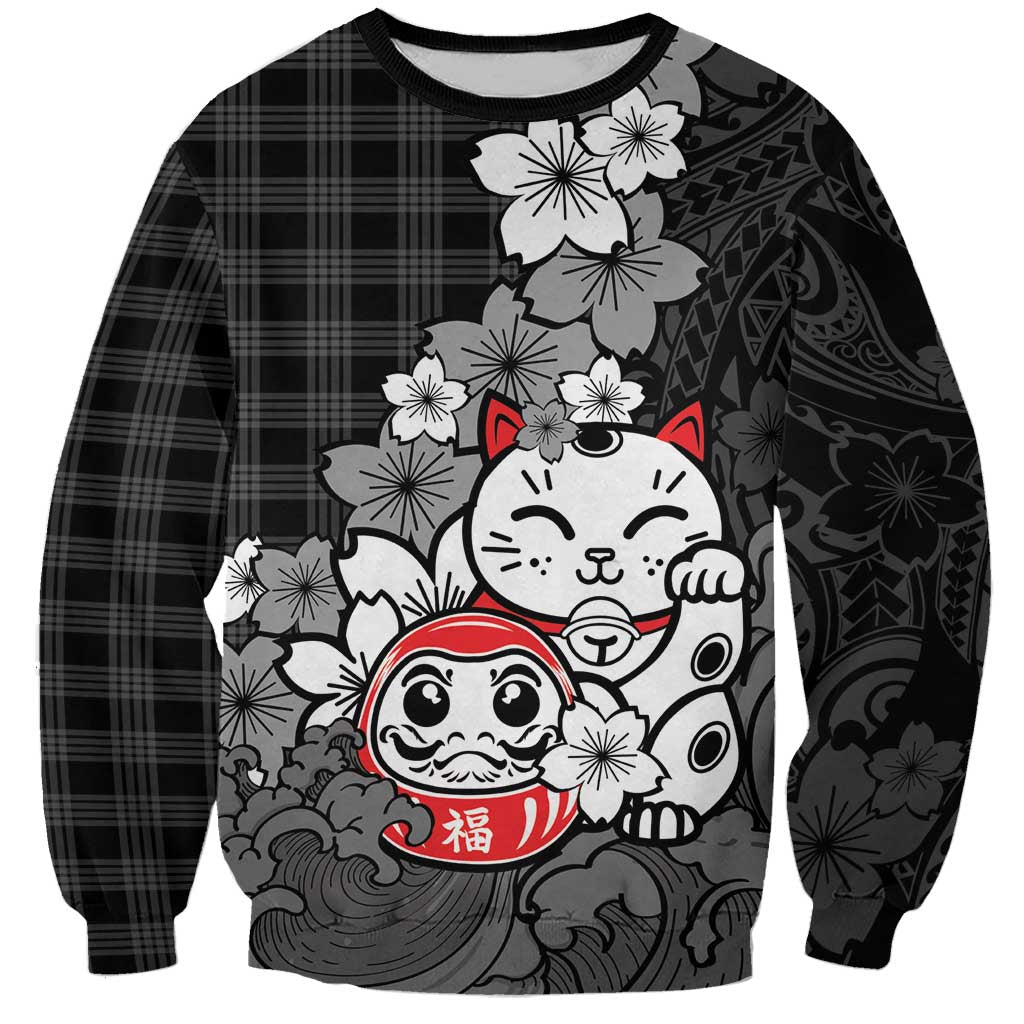 Black Palaka Hawaiian And Japanese Sweatshirt Maneki Neko And Sakura Bloom