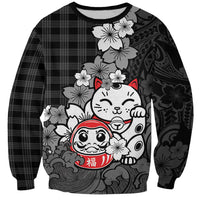 Black Palaka Hawaiian And Japanese Sweatshirt Maneki Neko And Sakura Bloom