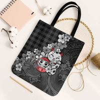 Black Palaka Hawaiian And Japanese Tote Bag Maneki Neko And Sakura Bloom