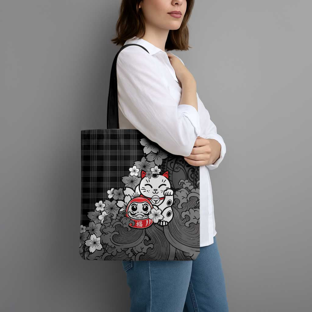 Black Palaka Hawaiian And Japanese Tote Bag Maneki Neko And Sakura Bloom