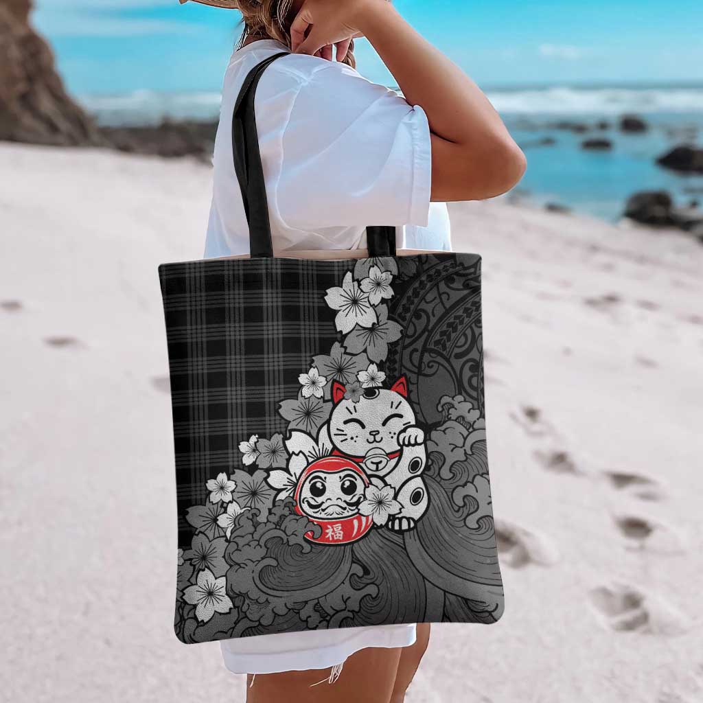Black Palaka Hawaiian And Japanese Tote Bag Maneki Neko And Sakura Bloom
