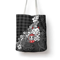Black Palaka Hawaiian And Japanese Tote Bag Maneki Neko And Sakura Bloom