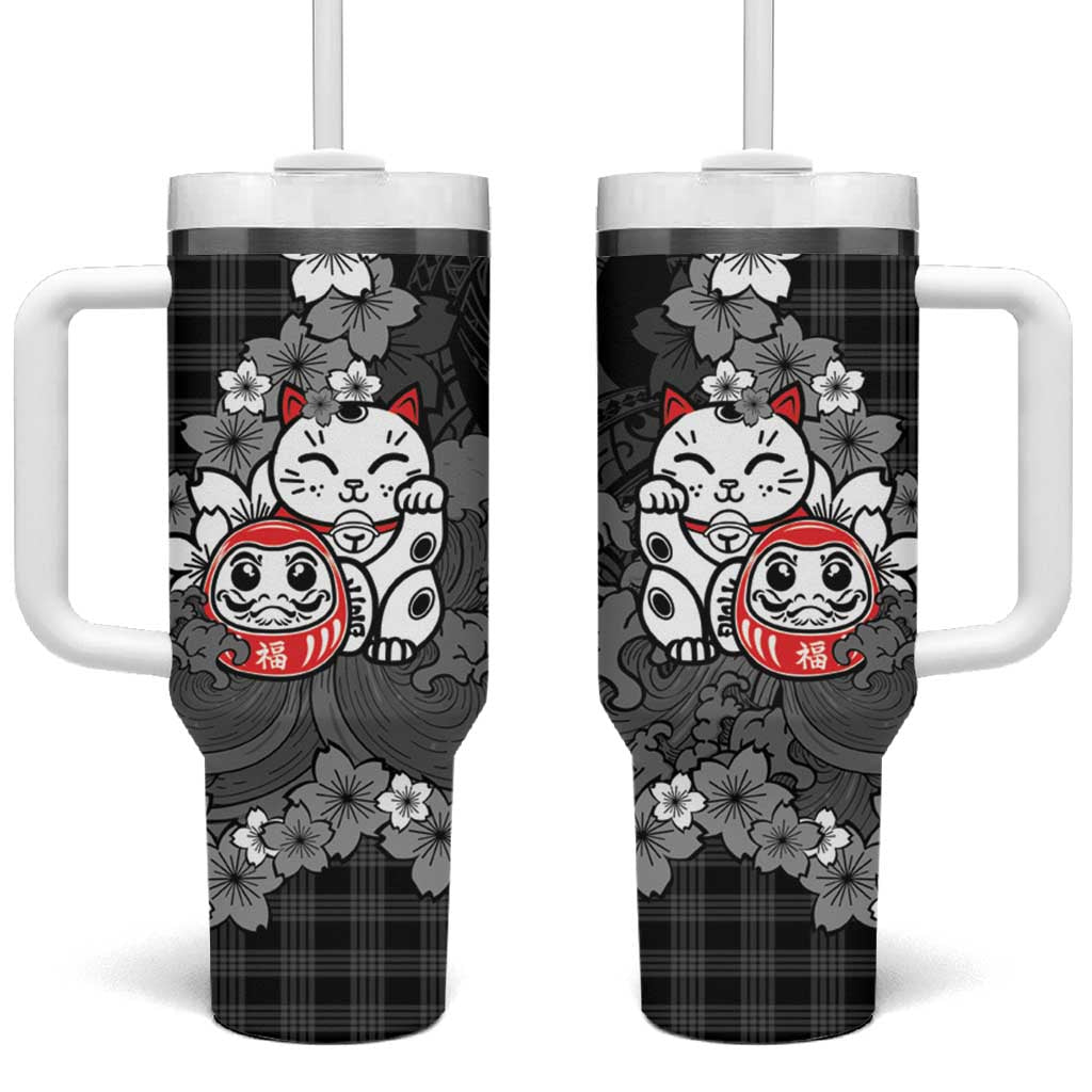 Black Palaka Hawaiian And Japanese Tumbler With Handle Maneki Neko And Sakura Bloom DT05 One Size: 40 oz Black - Polynesian Pride