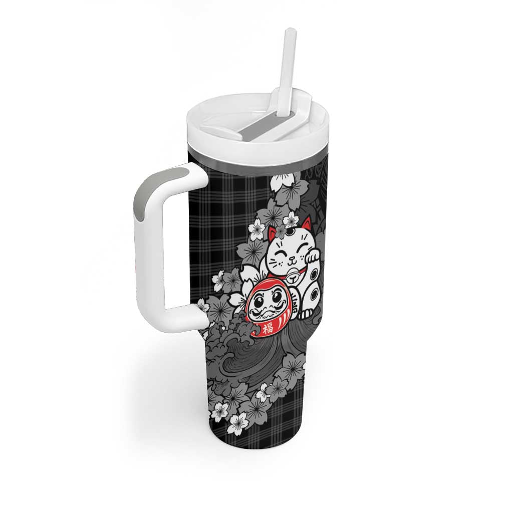 Black Palaka Hawaiian And Japanese Tumbler With Handle Maneki Neko And Sakura Bloom DT05 - Polynesian Pride