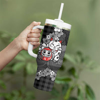Black Palaka Hawaiian And Japanese Tumbler With Handle Maneki Neko And Sakura Bloom DT05 - Polynesian Pride