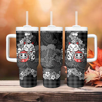Black Palaka Hawaiian And Japanese Tumbler With Handle Maneki Neko And Sakura Bloom DT05 - Polynesian Pride