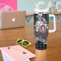 Black Palaka Hawaiian And Japanese Tumbler With Handle Maneki Neko And Sakura Bloom DT05 - Polynesian Pride