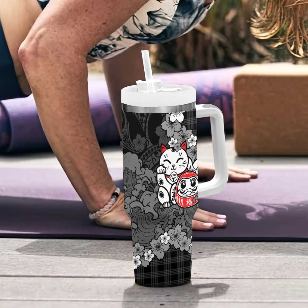 Black Palaka Hawaiian And Japanese Tumbler With Handle Maneki Neko And Sakura Bloom DT05 - Polynesian Pride