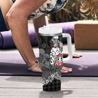 Black Palaka Hawaiian And Japanese Tumbler With Handle Maneki Neko And Sakura Bloom DT05 - Polynesian Pride