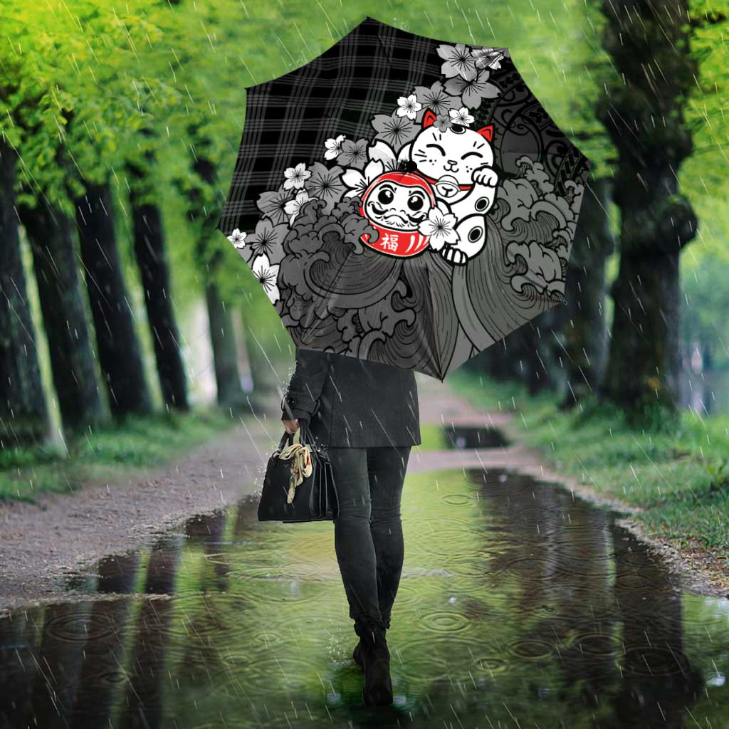 Black Palaka Hawaiian And Japanese Umbrella Maneki Neko And Sakura Bloom