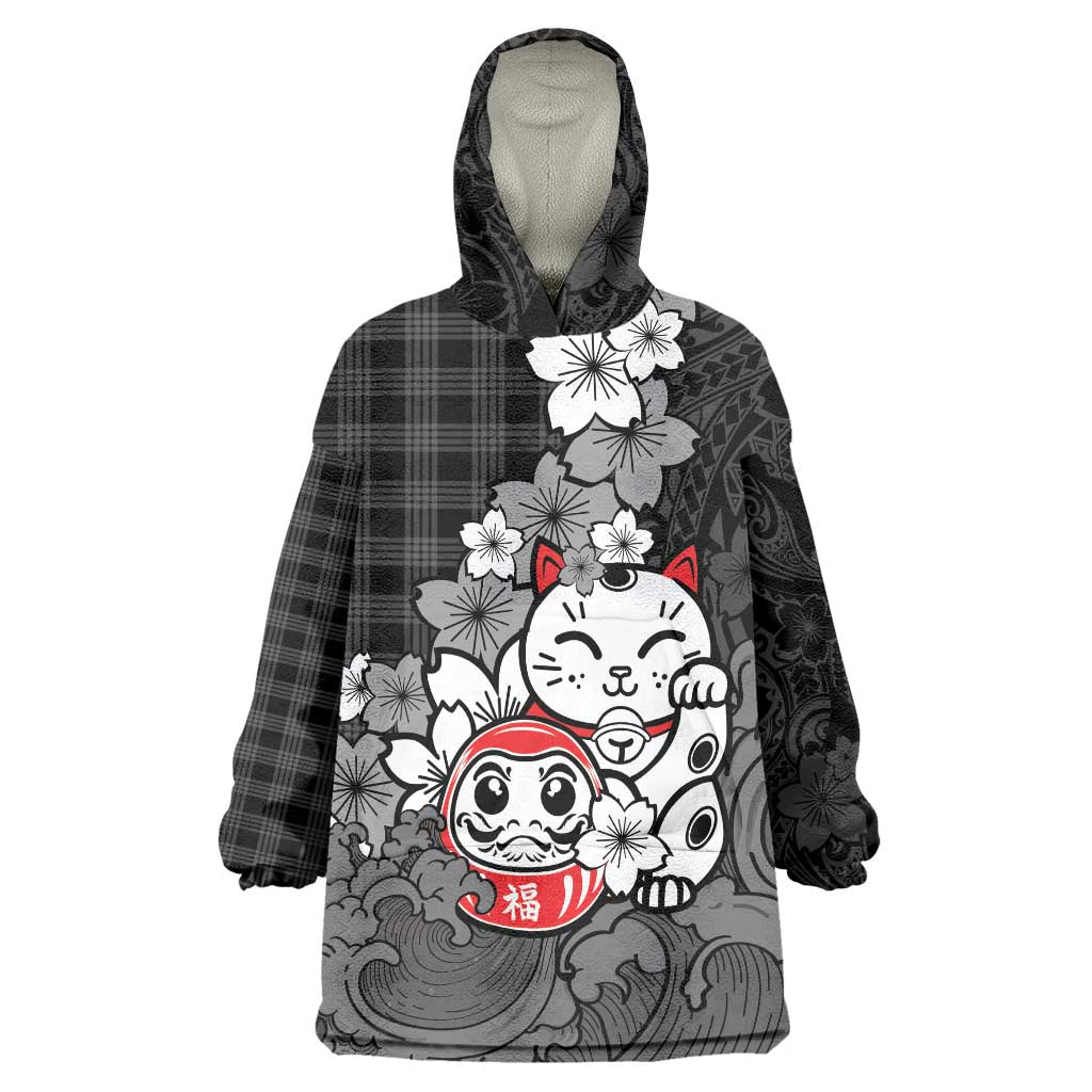 Black Palaka Hawaiian And Japanese Wearable Blanket Hoodie Maneki Neko And Sakura Bloom