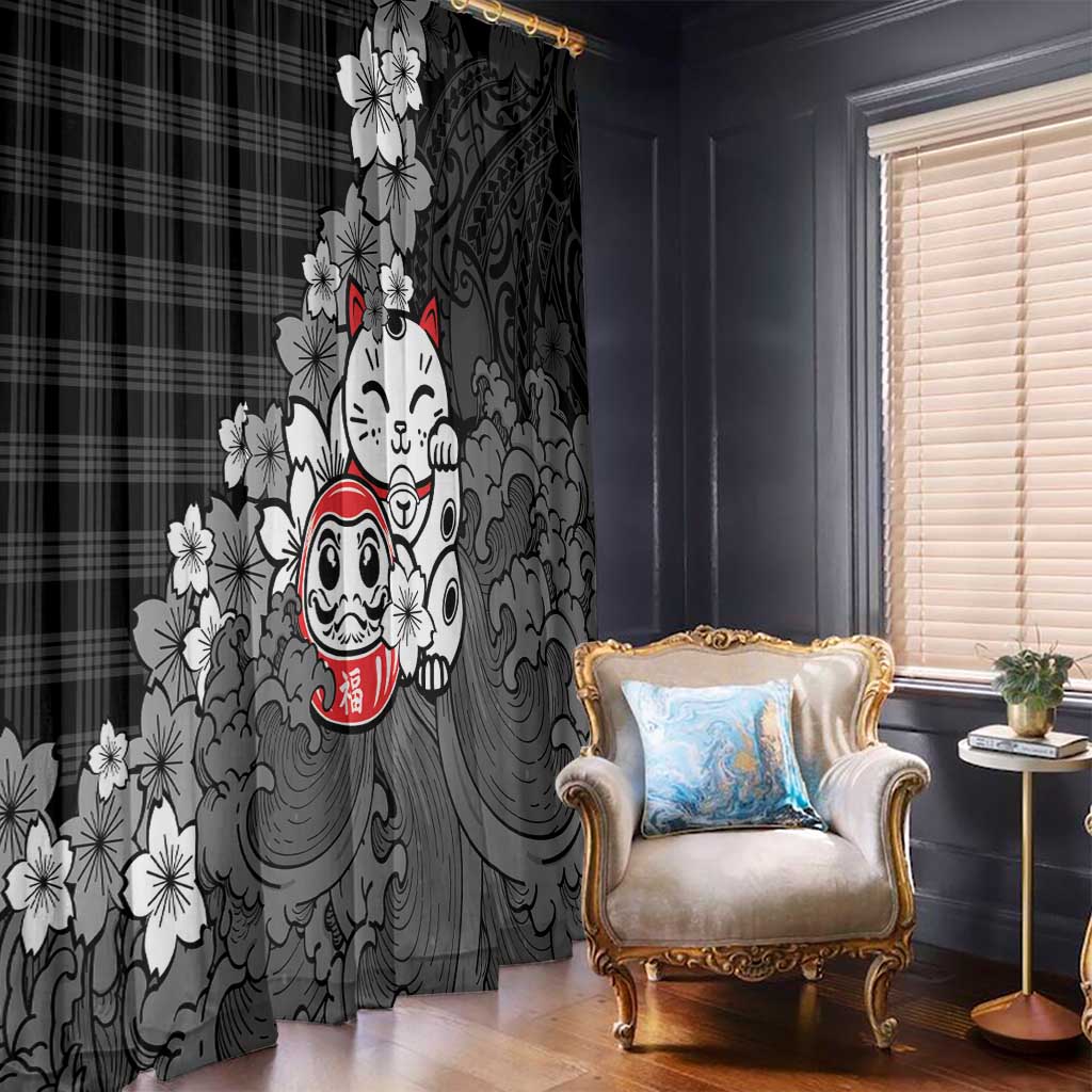 Black Palaka Hawaiian And Japanese Window Curtain Maneki Neko And Sakura Bloom