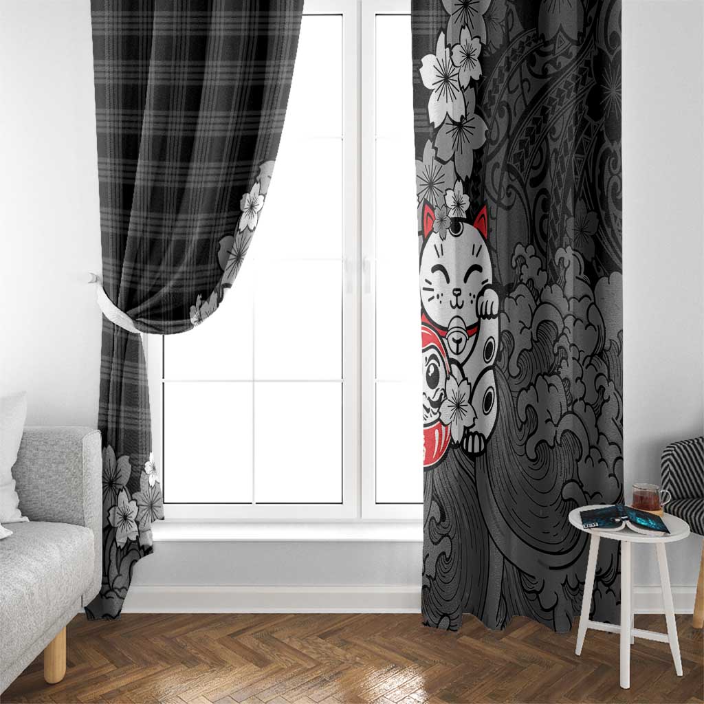 Black Palaka Hawaiian And Japanese Window Curtain Maneki Neko And Sakura Bloom