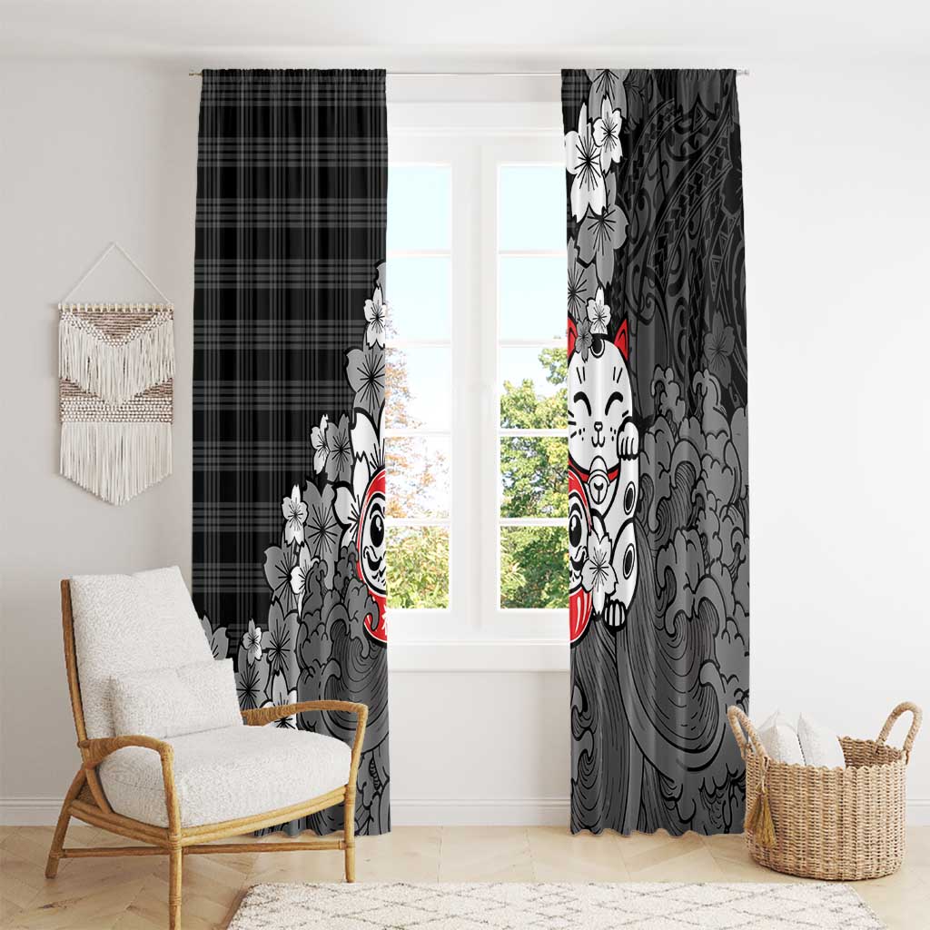 Black Palaka Hawaiian And Japanese Window Curtain Maneki Neko And Sakura Bloom
