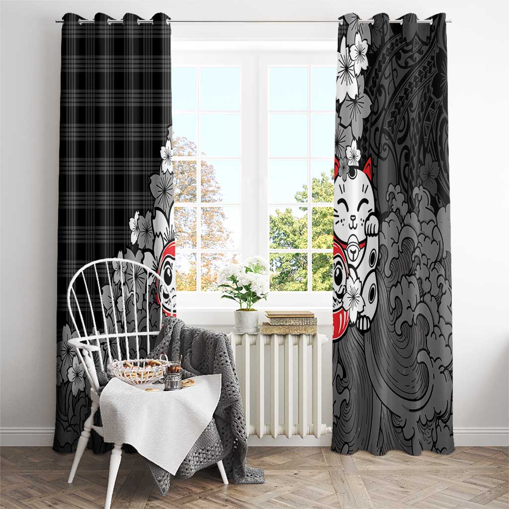 Black Palaka Hawaiian And Japanese Window Curtain Maneki Neko And Sakura Bloom