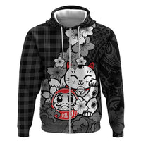 Black Palaka Hawaiian And Japanese Zip Hoodie Maneki Neko And Sakura Bloom
