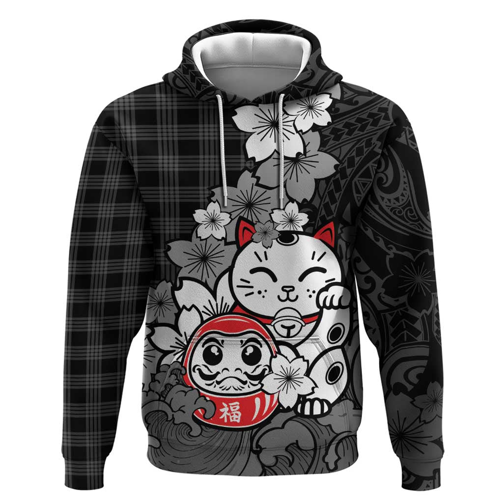 Black Palaka Hawaiian And Japanese Zip Hoodie Maneki Neko And Sakura Bloom
