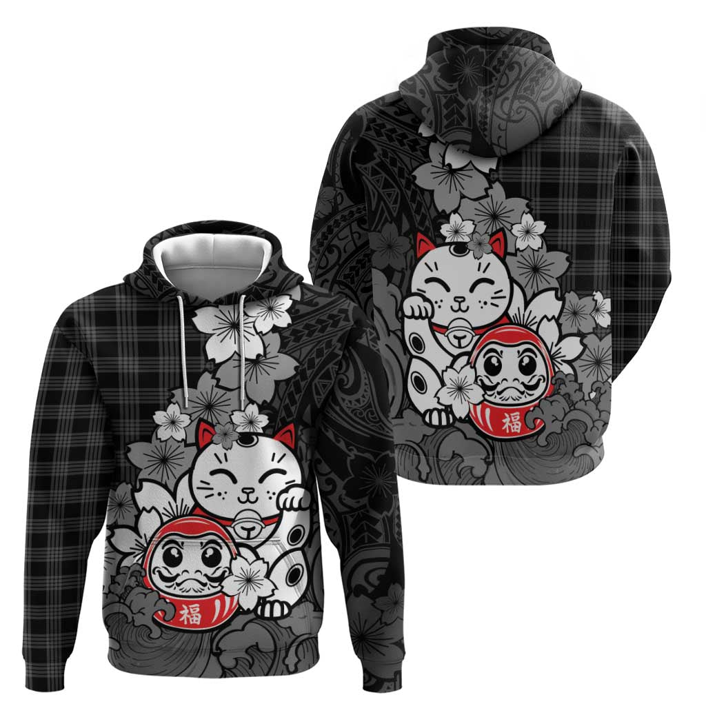 Black Palaka Hawaiian And Japanese Zip Hoodie Maneki Neko And Sakura Bloom