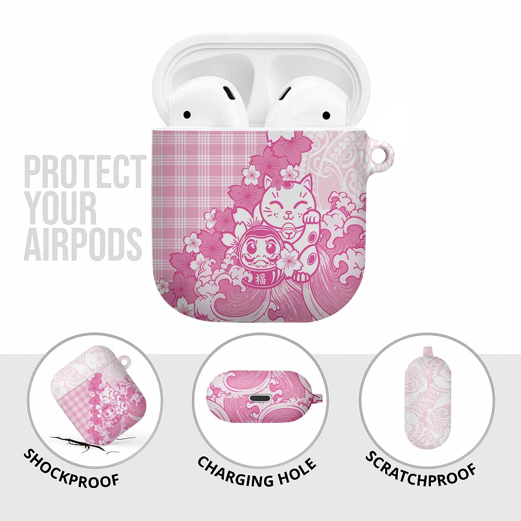 Pink Palaka Hawaiian And Japanese AirPods Case Maneki Neko And Sakura Bloom DT05 - Polynesian Pride