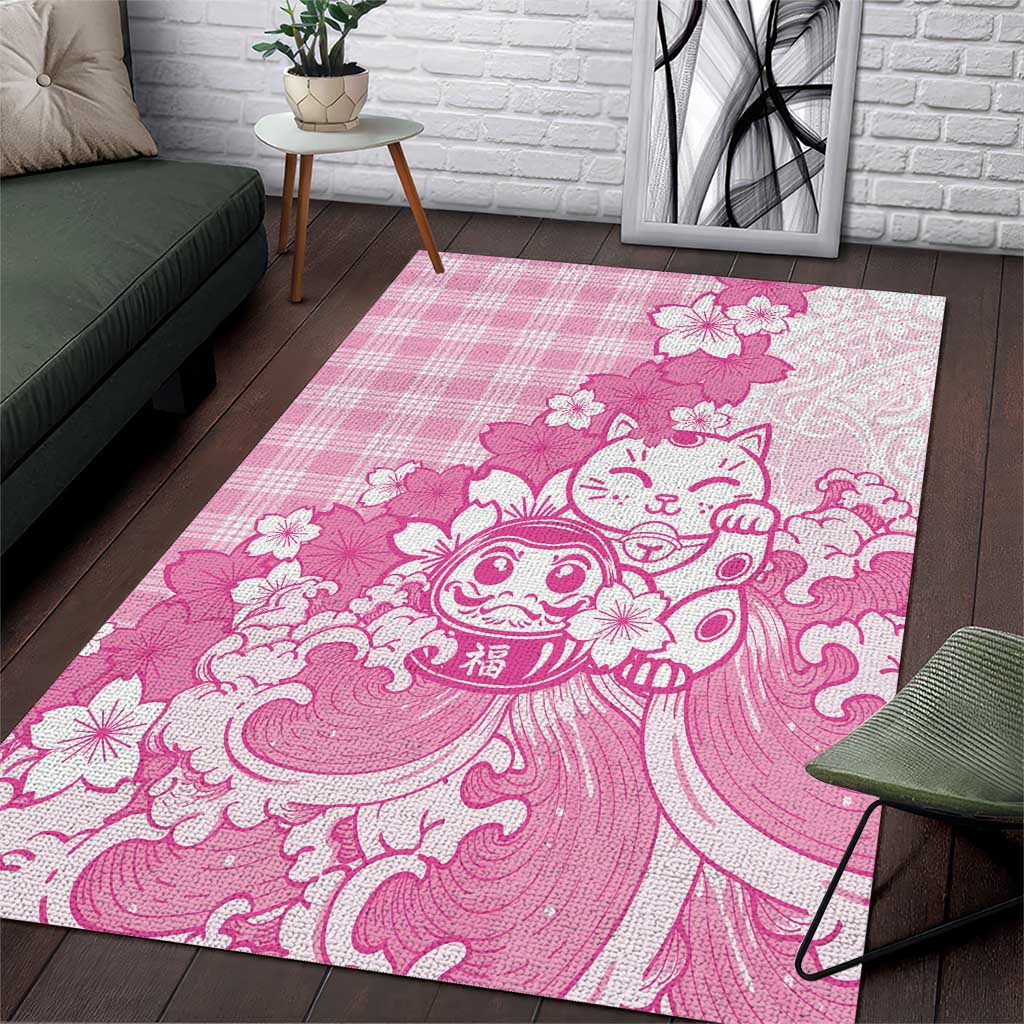 Pink Palaka Hawaiian And Japanese Area Rug Maneki Neko And Sakura Bloom DT05 Pink - Polynesian Pride