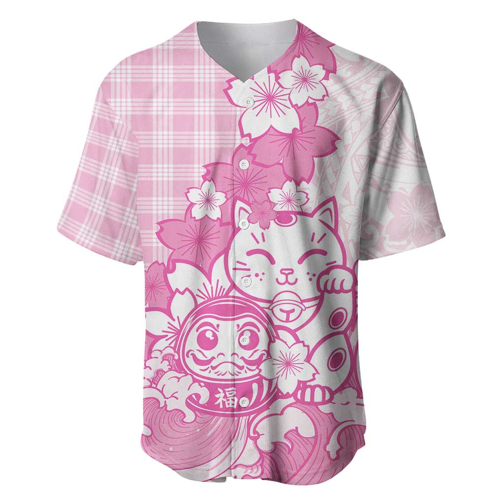 Pink Palaka Hawaiian And Japanese Baseball Jersey Maneki Neko And Sakura Bloom