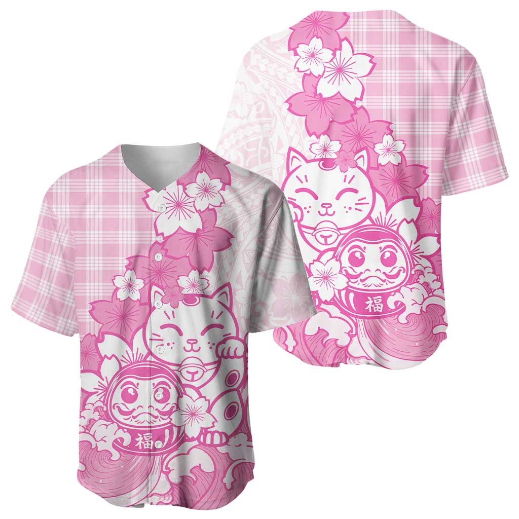 Pink Palaka Hawaiian And Japanese Baseball Jersey Maneki Neko And Sakura Bloom