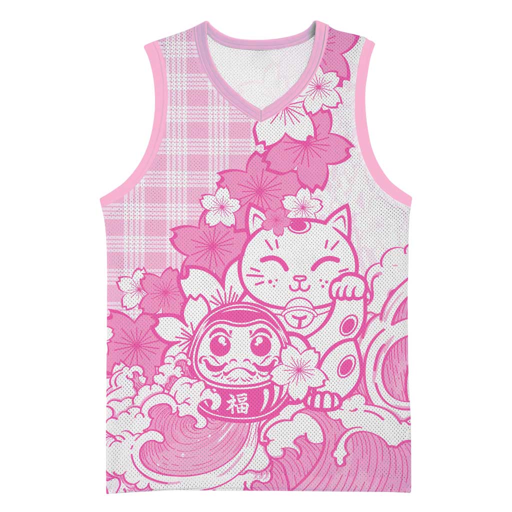 Pink Palaka Hawaiian And Japanese Basketball Jersey Maneki Neko And Sakura Bloom DT05 Unisex Pink - Polynesian Pride