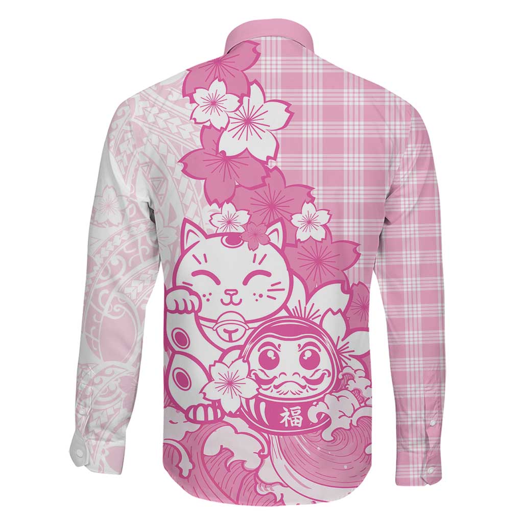 Pink Palaka Hawaiian And Japanese Family Matching Long Sleeve Bodycon Dress and Hawaiian Shirt Maneki Neko And Sakura Bloom DT05 - Polynesian Pride