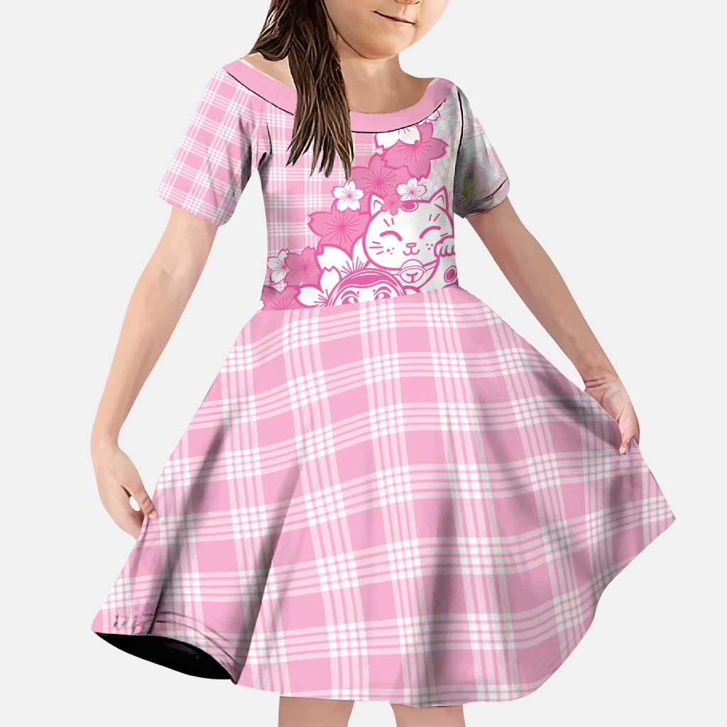 Pink Palaka Hawaiian And Japanese Family Matching Off Shoulder Maxi Dress and Hawaiian Shirt Maneki Neko And Sakura Bloom DT05 Daughter's Dress Pink - Polynesian Pride