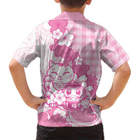 Pink Palaka Hawaiian And Japanese Family Matching Off Shoulder Short Dress and Hawaiian Shirt Maneki Neko And Sakura Bloom