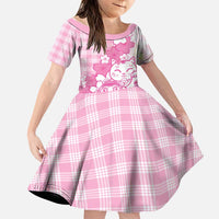 Pink Palaka Hawaiian And Japanese Family Matching Off Shoulder Short Dress and Hawaiian Shirt Maneki Neko And Sakura Bloom