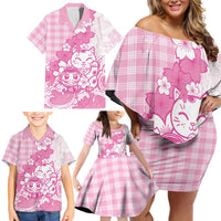 Pink Palaka Hawaiian And Japanese Family Matching Off Shoulder Short Dress and Hawaiian Shirt Maneki Neko And Sakura Bloom