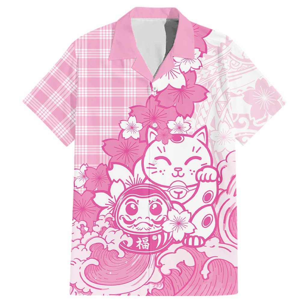 Pink Palaka Hawaiian And Japanese Family Matching Off Shoulder Short Dress and Hawaiian Shirt Maneki Neko And Sakura Bloom