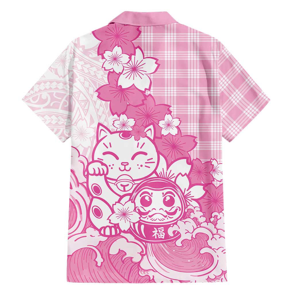 Pink Palaka Hawaiian And Japanese Family Matching Off Shoulder Short Dress and Hawaiian Shirt Maneki Neko And Sakura Bloom