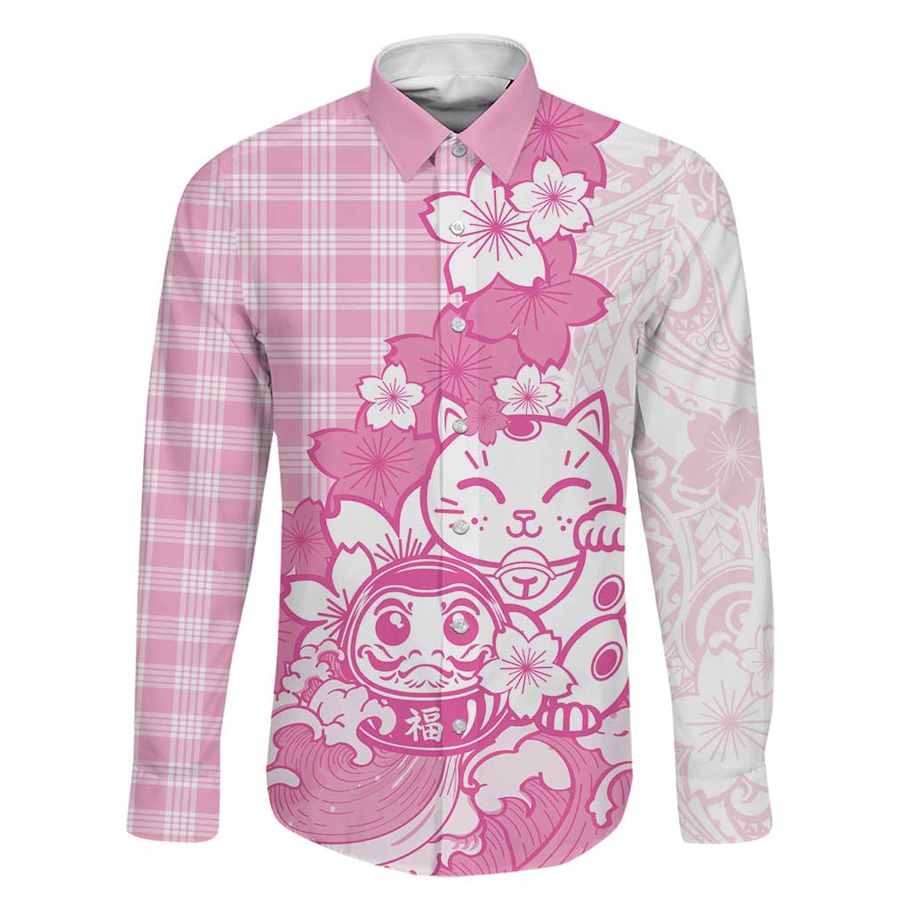 Pink Palaka Hawaiian And Japanese Family Matching Off Shoulder Short Dress and Hawaiian Shirt Maneki Neko And Sakura Bloom