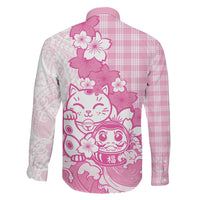 Pink Palaka Hawaiian And Japanese Family Matching Off Shoulder Short Dress and Hawaiian Shirt Maneki Neko And Sakura Bloom