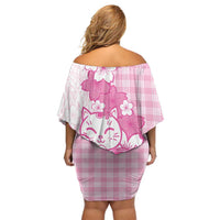 Pink Palaka Hawaiian And Japanese Family Matching Off Shoulder Short Dress and Hawaiian Shirt Maneki Neko And Sakura Bloom