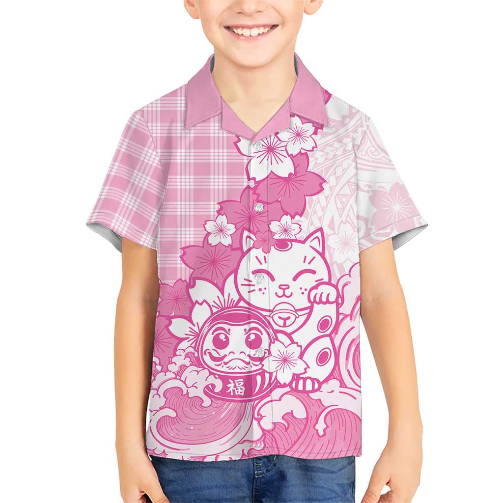 Pink Palaka Hawaiian And Japanese Family Matching Off Shoulder Short Dress and Hawaiian Shirt Maneki Neko And Sakura Bloom