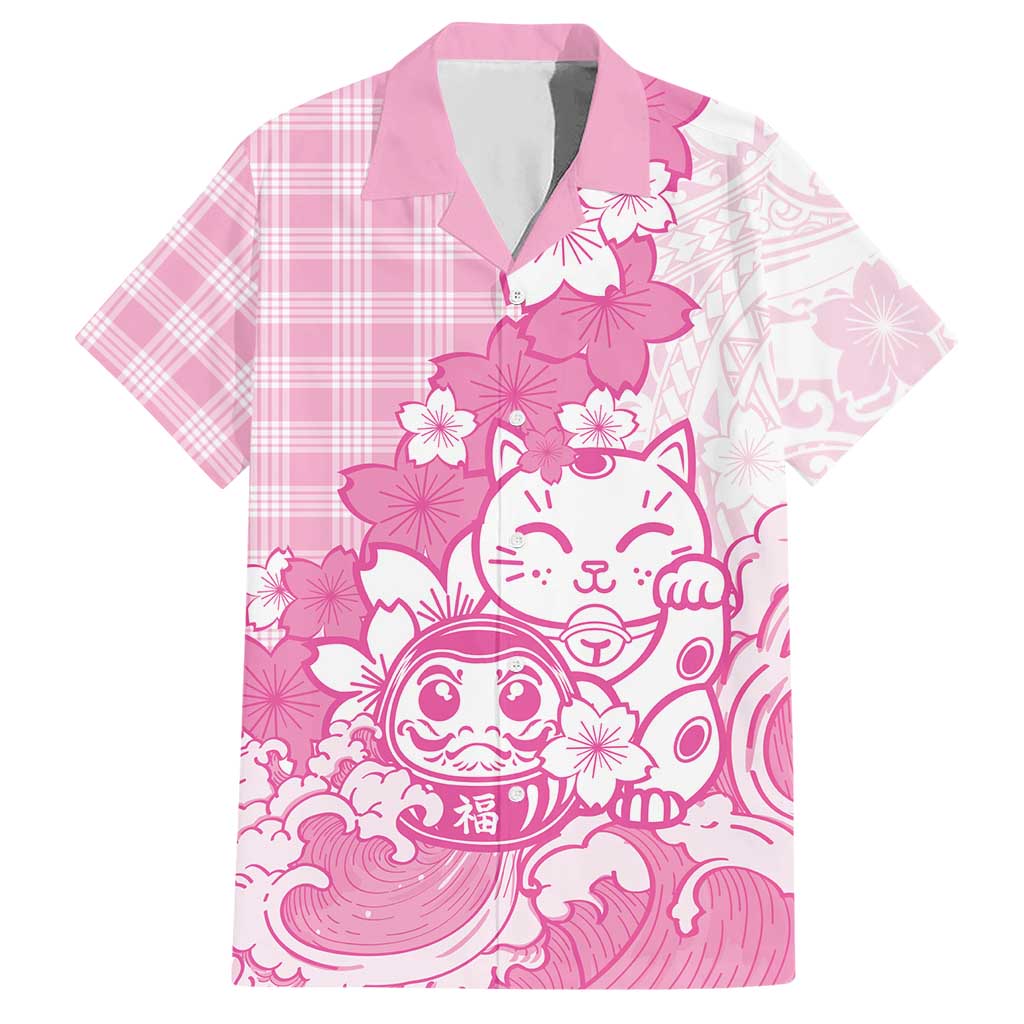Pink Palaka Hawaiian And Japanese Hawaiian Shirt Maneki Neko And Sakura Bloom