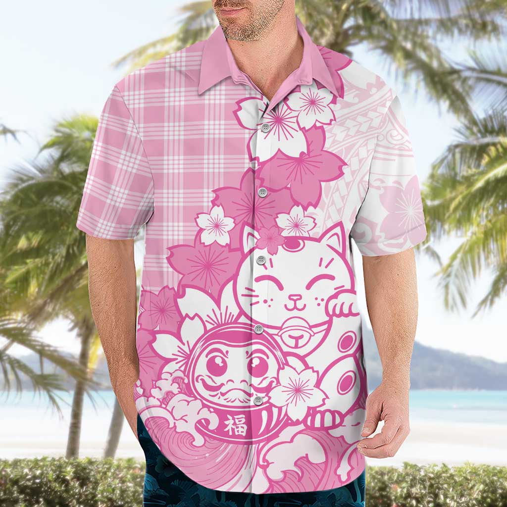 Pink Palaka Hawaiian And Japanese Hawaiian Shirt Maneki Neko And Sakura Bloom
