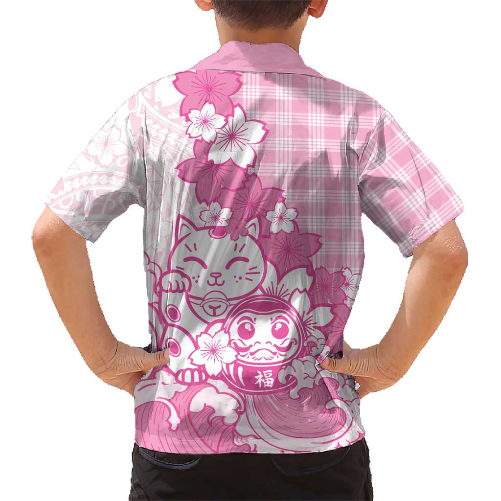 Pink Palaka Hawaiian And Japanese Hawaiian Shirt Maneki Neko And Sakura Bloom