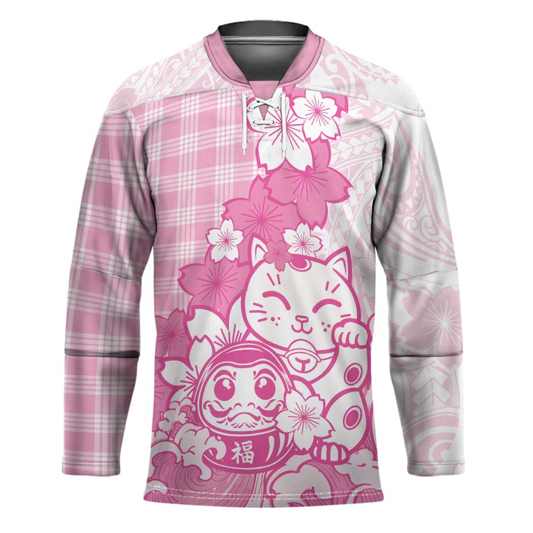 Pink Palaka Hawaiian And Japanese Hockey Jersey Maneki Neko And Sakura Bloom DT05 Unisex Pink - Polynesian Pride