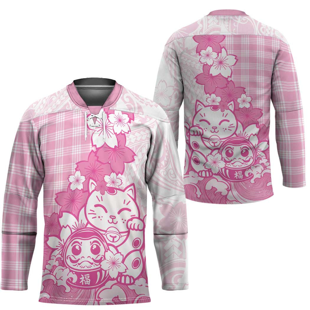 Pink Palaka Hawaiian And Japanese Hockey Jersey Maneki Neko And Sakura Bloom DT05 - Polynesian Pride