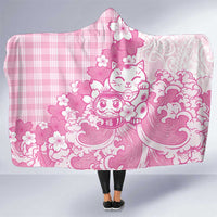 Pink Palaka Hawaiian And Japanese Hooded Blanket Maneki Neko And Sakura Bloom