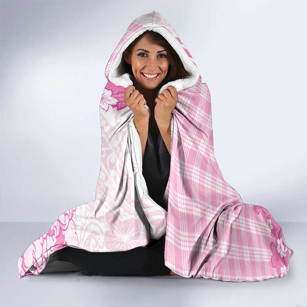 Pink Palaka Hawaiian And Japanese Hooded Blanket Maneki Neko And Sakura Bloom
