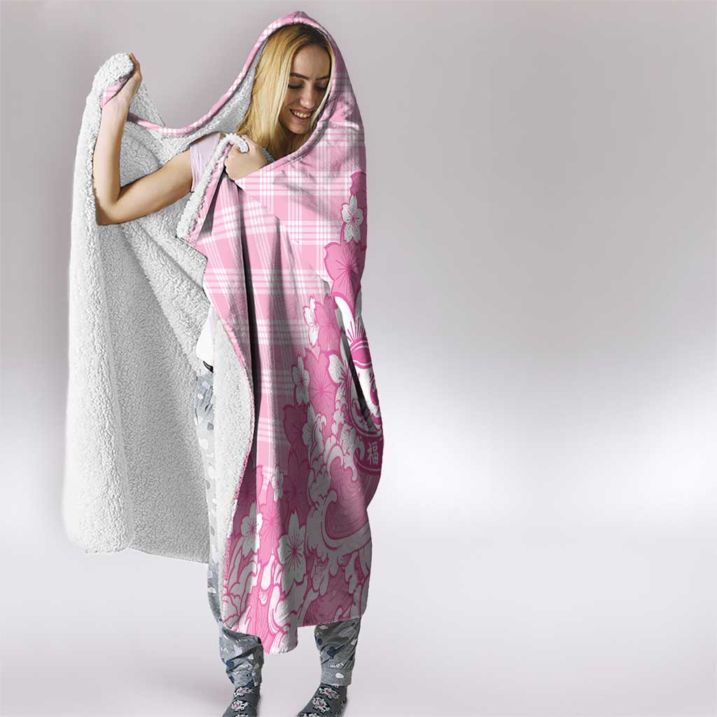 Pink Palaka Hawaiian And Japanese Hooded Blanket Maneki Neko And Sakura Bloom