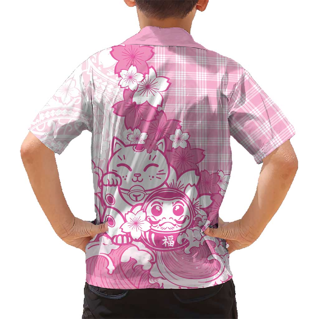 Pink Palaka Hawaiian And Japanese Kid Hawaiian Shirt Maneki Neko And Sakura Bloom DT05 - Polynesian Pride